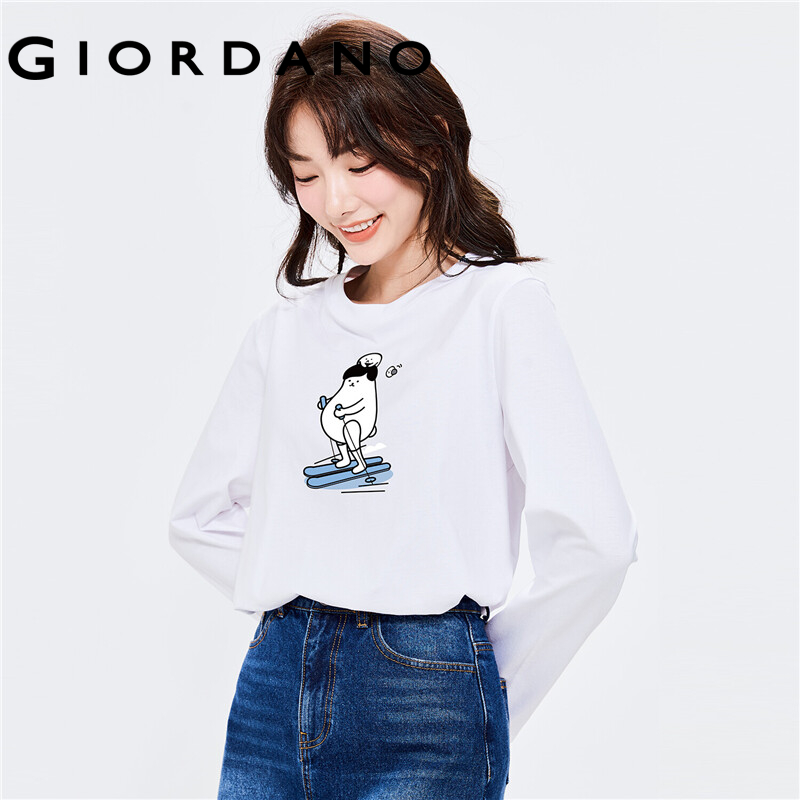 GIORDANO Women WHIKO Series T-Shirts 100% Cotton Cute Print Pattern Casual T-Shirts Long Sleeve Crewneck Simple Tee 99392150