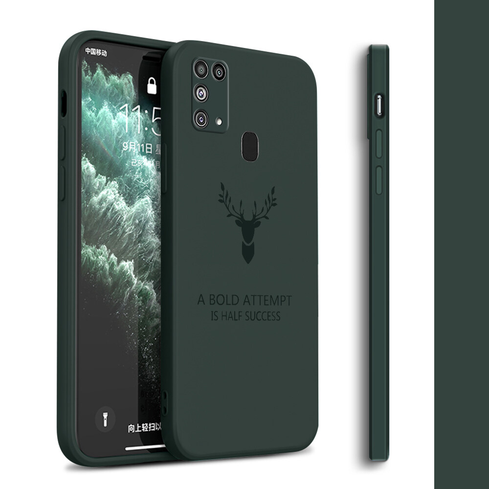 Hontinga Casing Case For Samsung Galaxy M31 Case Square Original Liquid Soft Silicone Deer Reindeer Full Cover Camera Protection Shockproof Cases Back Cover Phone Casing Softcase For Boys Girls Men Wo