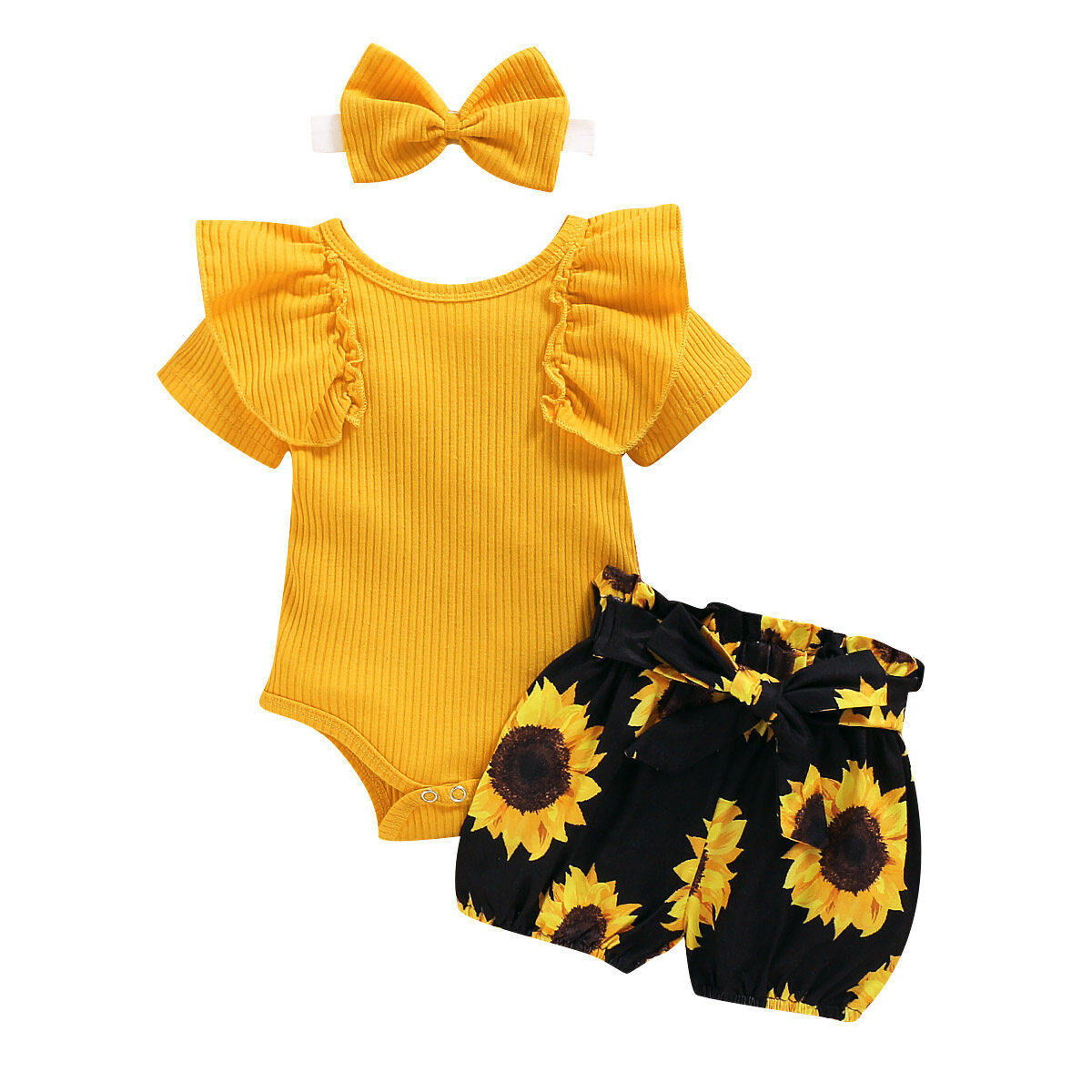 3PCS Newborn Baby Girl Clothes Floral Romper Jumpsuit +Shorts +Headband Outfit Set（No shoes）