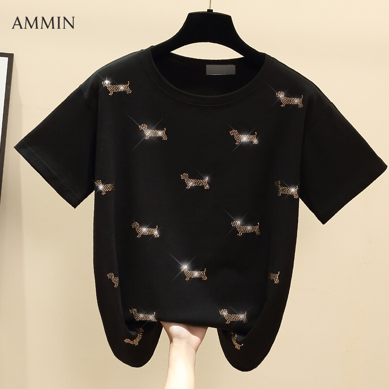 AMMIN Tops 2021 new summer Korean round neck short-sleeved animal pattern cotton T-shirt with rhinestones for women's simple and fashionable doggie three-dimensional printing rhinestone all-match blou
