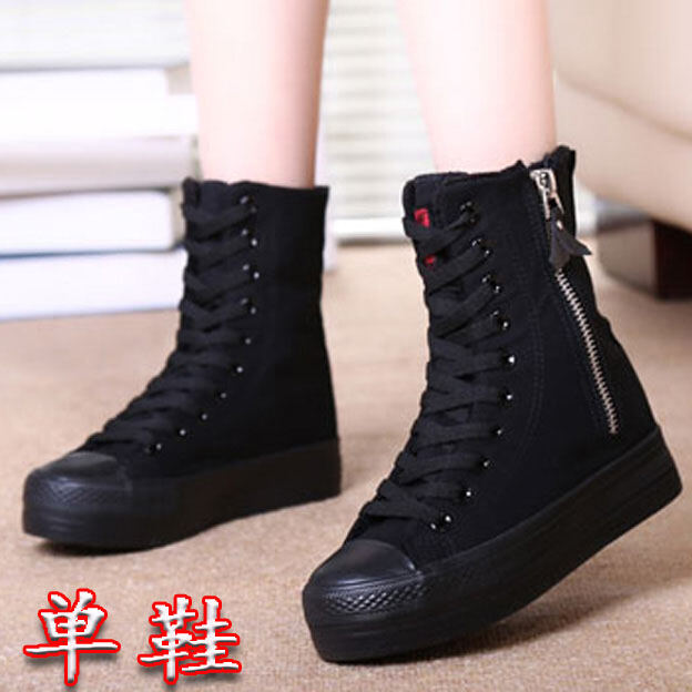 Korean Style Fashionable Spring and Autumn Student Canvas Shoes Women Ulzzang Versatile High-Top Elevator Platform Shoes 776 Middle Boots