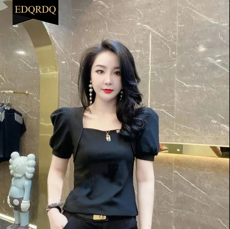 EDQRDQ Women's Puff Sleeve Square Neck Short Sleeve Elegant Slim Fit Tee Top