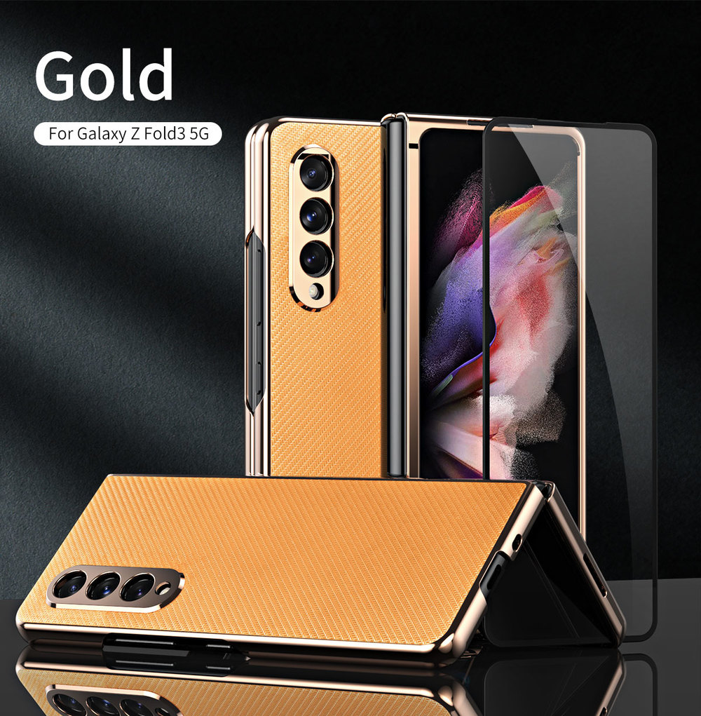 KISSCASE Is Suitable for Samsung Galaxy Z Fold 3 Carbon Brazing Dimensional Protective Cover 360 All-inclusive Tempered Glass Front Film Foldable Anti-drop All-in-one Mobile Phone Case