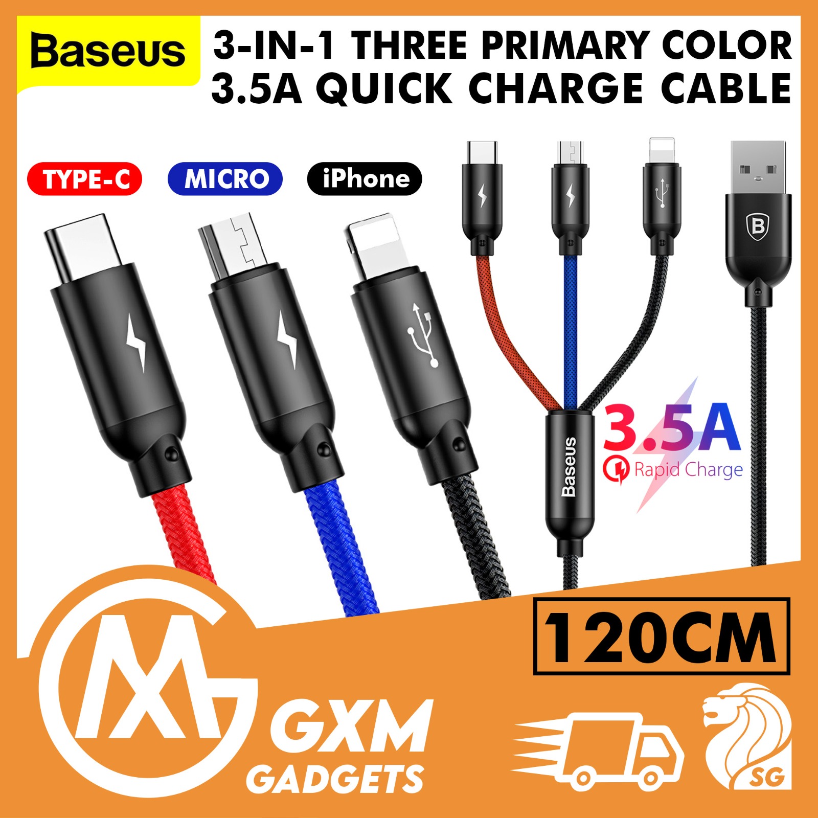 Baseus Three Primary Color 3 in 1 3.5A Fast Charging Cable IOS Android USB C Micro USB Lightning Charging Cable 0.3m