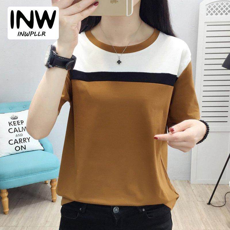 INWPLLR Women's Fashion T-Shirts Casual Korean-style Tops Tees Summer Short Sleeve Tshirt Female Patchwork T-shirt Plus Size