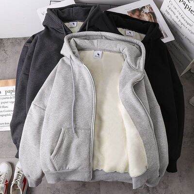 Lamb Wool Hooded Sweater Men's Autumn and Winter Fleece-Lined Thickened Coat Loose BF Idle Style Solid Color Top Fashion Ins