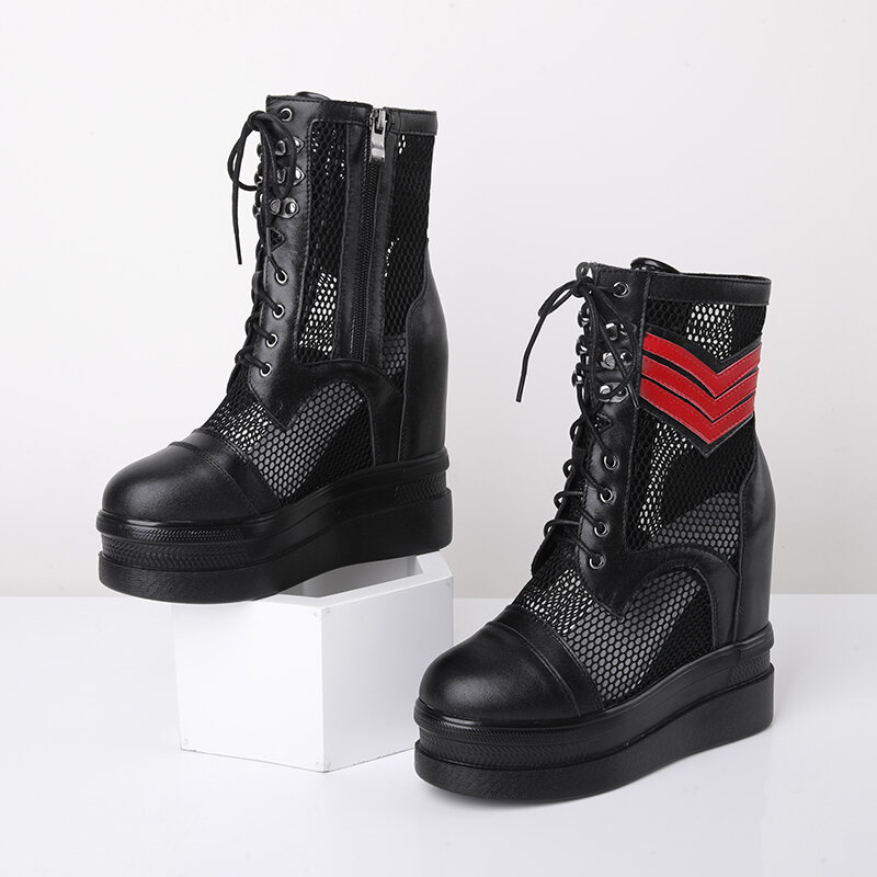 Genuine Leather Breathable Mesh Elevator 12cm Women's Shoes Sports High Heel Platform Muffin Shoes 2022 Spring and Summer Slimming