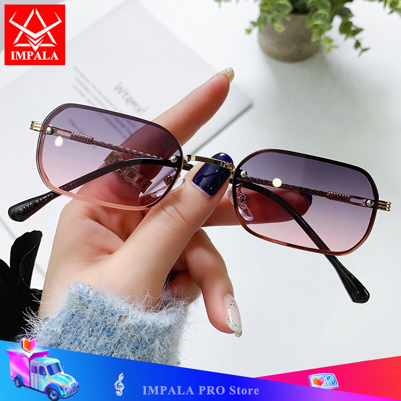 IMPALA QT1658W Fashion Rimless Sunglasses for Women Beautiful Metal Braided Temples Korean Style Colorful Small Lens UV Protection Sun Glasses