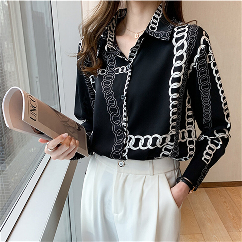 Loose Shirt Women Long Sleeve Fashion Blouse Printed Chiffon Polo Collar Korean Top Lady Clothes