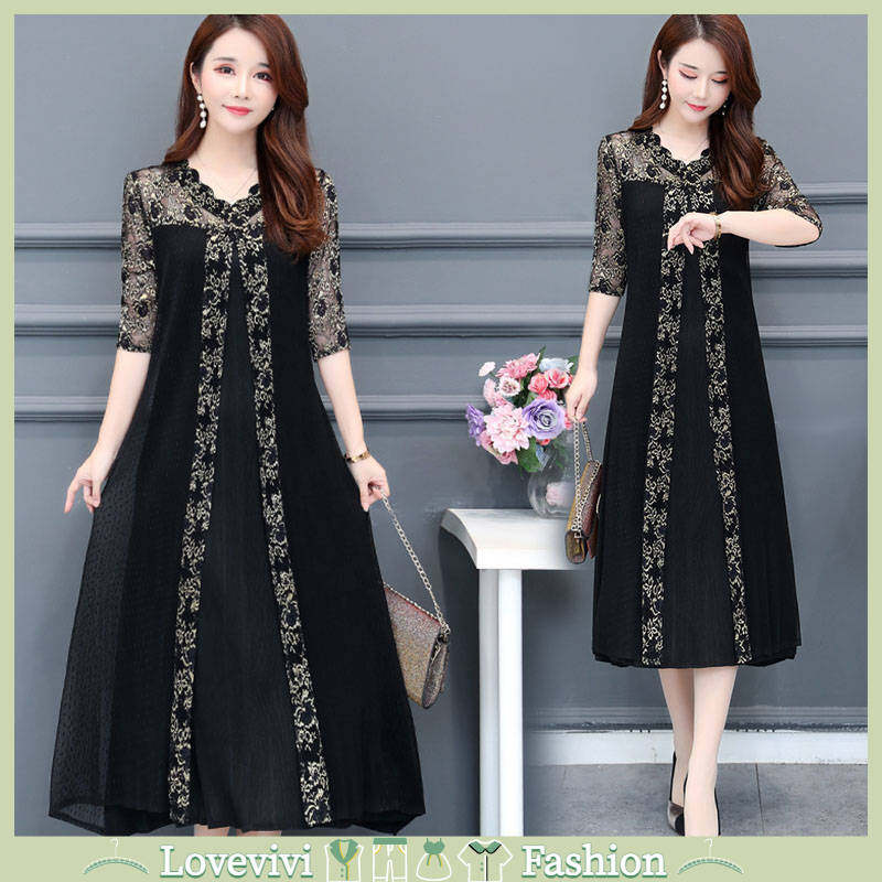 Women V Neck Dress Fashion Large Swing Printing Mesh Skirt Large Size Loose Pullover Dress