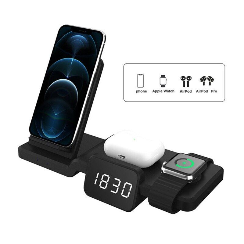 5 in 1 with Clock Time Display Wireless Charger Fast Charging Dock Station For iPhone 13 pro max 12 11 AirPods Pro 1/2/3 iWatch 6 5 4 3 2 1 SE Samsung S20 Wireless Charger Stand