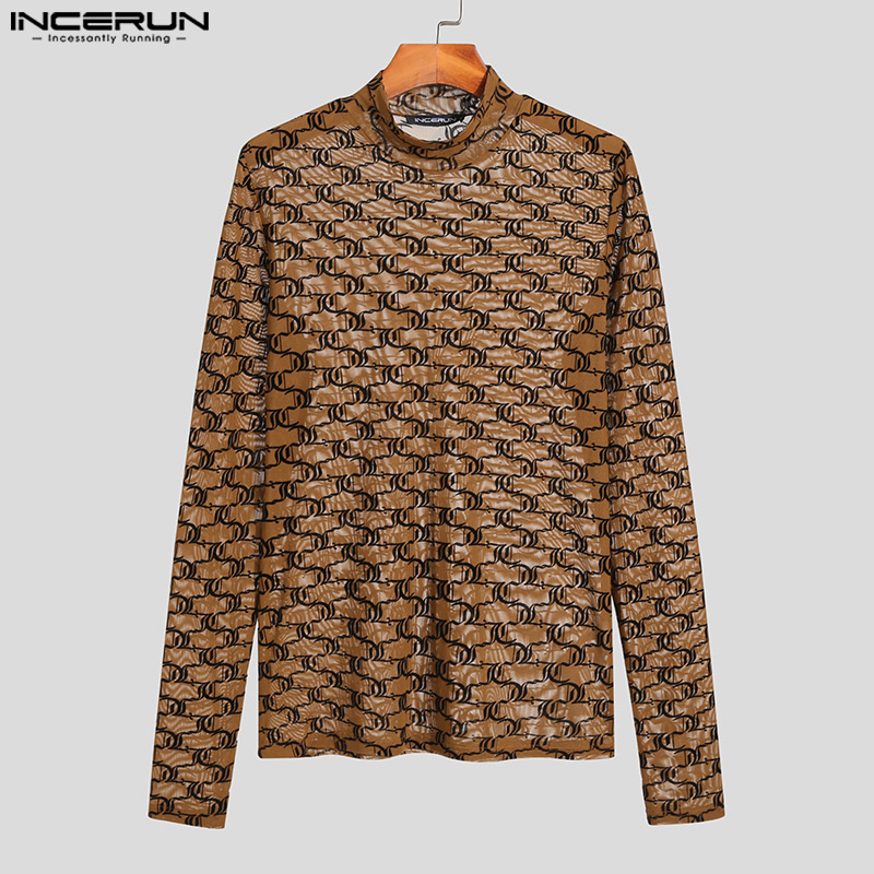 INCERUN Mens Long Sleeve Floral Crew Neck See Through T Shirt Party Clubwear Tee Top (Western Style)