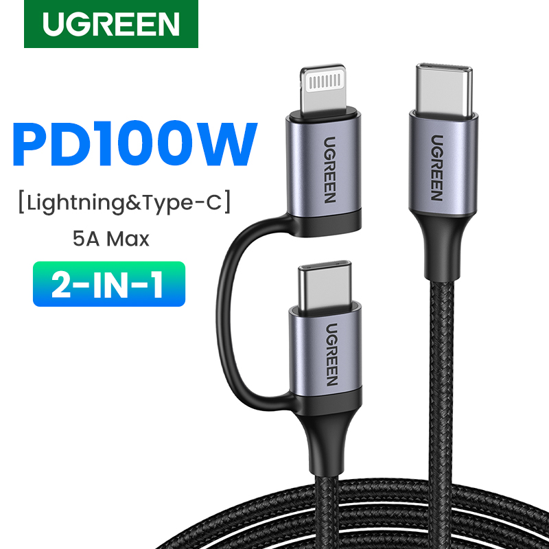 UGREEN 2-IN-1 PD100W Fast Charging Cord With Type-C Lightning Plug MFi PD20W for iPhone 14 13 Pro Max iPhone 14 Plus iPhone 12 11 Pro Max SAMSUNG S22 Ultra S21+,  Pixel