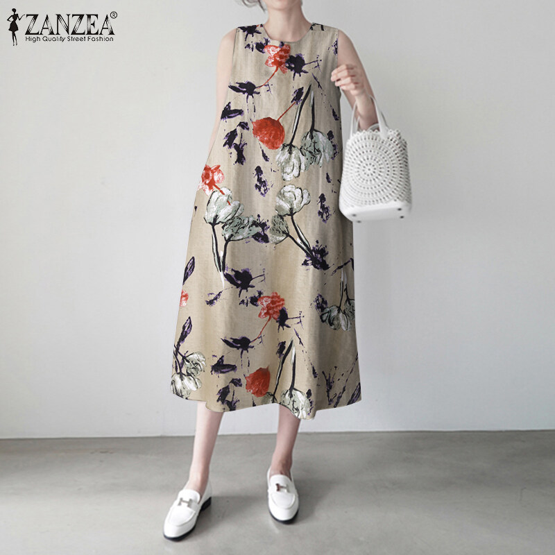 ZANZEA Womens Elegant A Line Dress Crew Neck Loose Party Beach Print Midi Dress