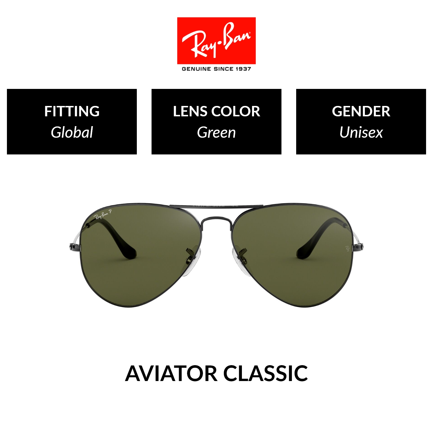 Ray-Ban AVIATOR LARGE METAL  RB3025 004/58  Unisex Global Fitting  POLARIZED Sunglasses  Size 58mm