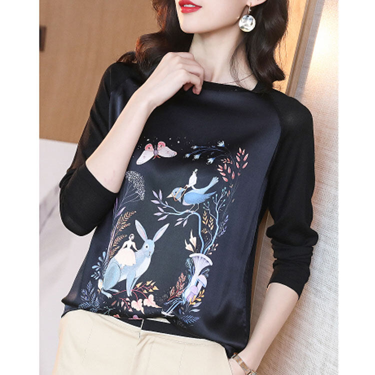 AMMIN Silk Long Sleeve Top For Women O-Neck Black Printed Mulberry Silk Loose T-shirt Blouse
