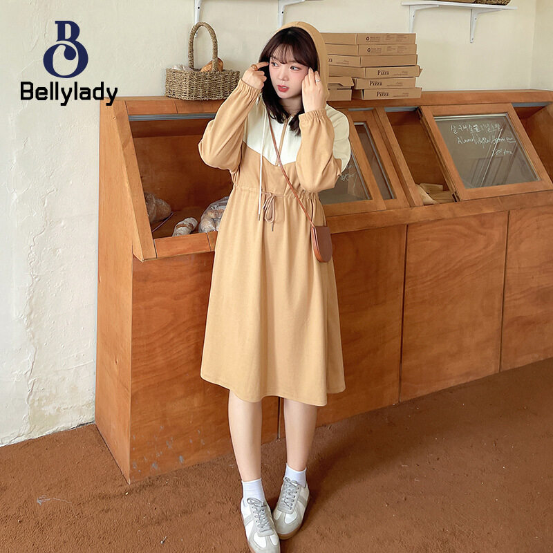BellyLady Women Long Sleeves Hooded Dress Trendy Sports Style Contrast Color Large Size Drawstring Dress
