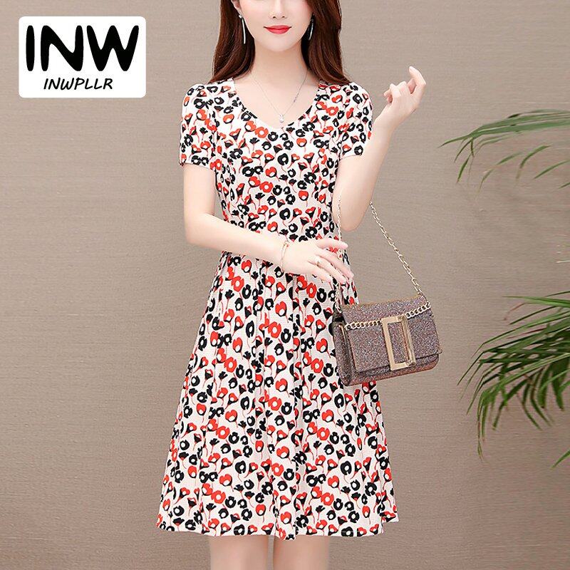 INWPLLR Women Floral Dress Korean Peplum Slim Dresses Fashion Short Sleeve V-Neck A-Line Dress Lady Printed Dresses Plus Size