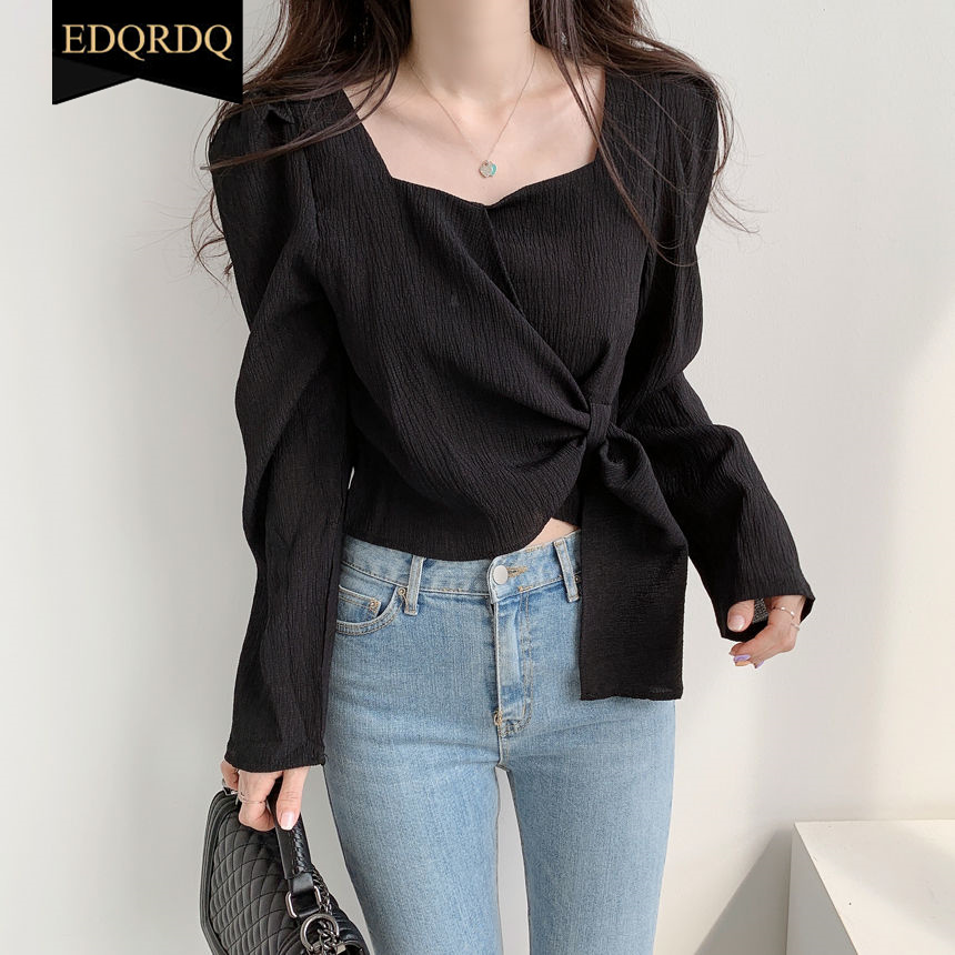 EDQRDQ Women's Casual Puff Sleeve Long Sleeve Square Neck Bow Self Tie Slim Fit Crop Tee Tops