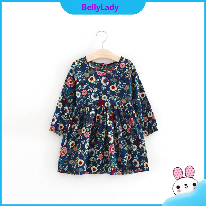 Baby Girls Cotton Long-sleeved Floral Dress Classic Round Neck Breathable Skin-friendly Sunflower Pattern Pleated A-line Skirt