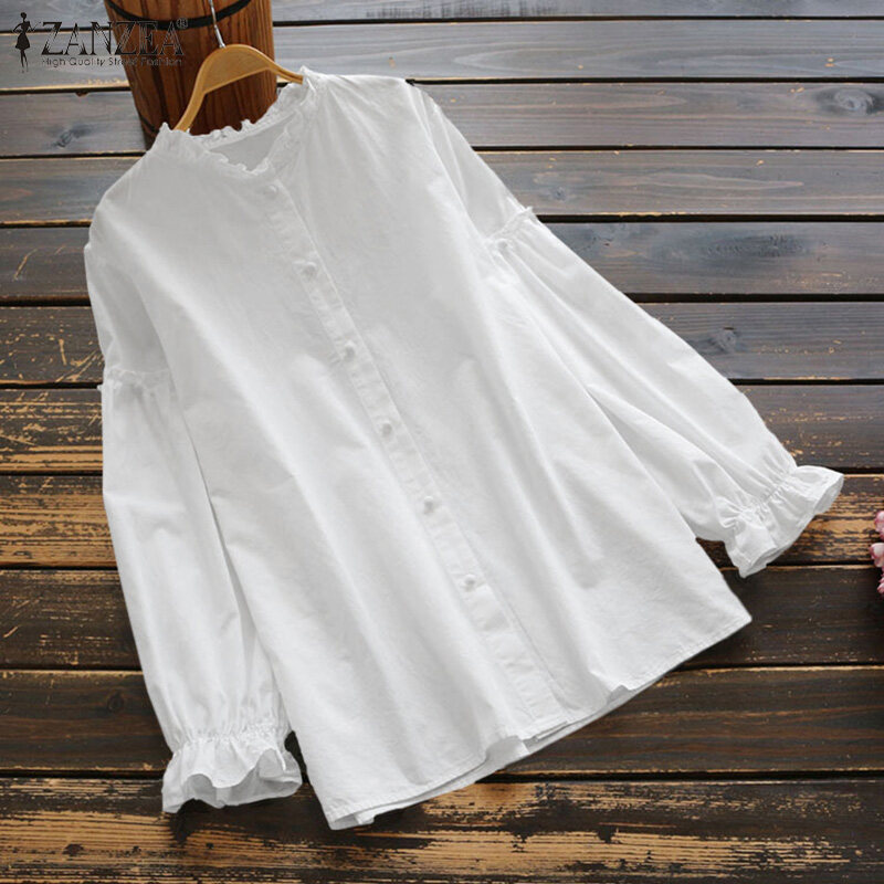 Muangee Women Linen Cotton Vintage Tops Shirt Ruffles Sleeve Blouse Tee Pullover ZANZEA