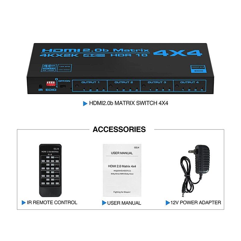 4K60Hz HDMI Matrix Switch 4x4 with EDID Extractor 4 in 4 Out HDMI Switcher Splitter Box Support HDR HDMI 2.0 HDCP 2.2 YUV 4:4:4