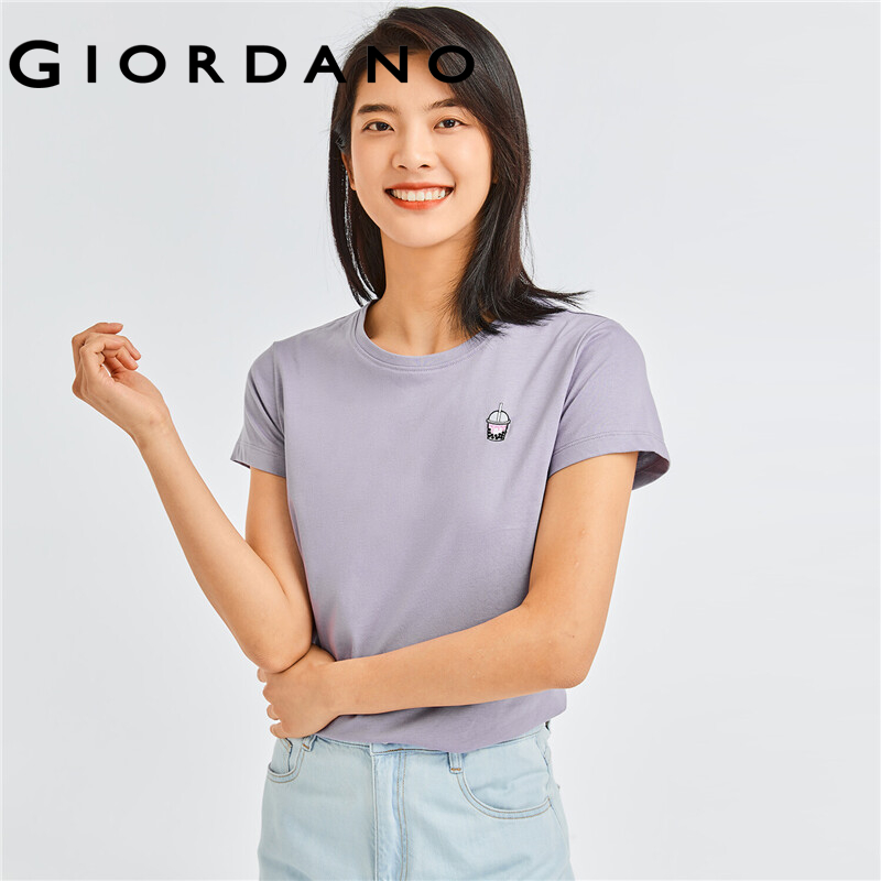 GIORDANO Women T-Shirts Short Sleeve 100% Cotton Summer Casual T-Shirts Embroidery Crewneck Relaxed Basic T-Shirts 13322221