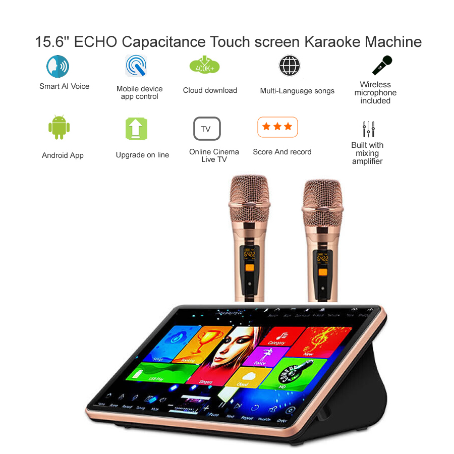 HAJURIZ 15.6'' Touch Screen Player,Songs Machine,2TB HDD 40K Chinese,English,Songs,300K Multi-Language songs on cloud,Free Download,Android KTV Dual system,300W Mixing Amplifier Built,Score,Record,Onl