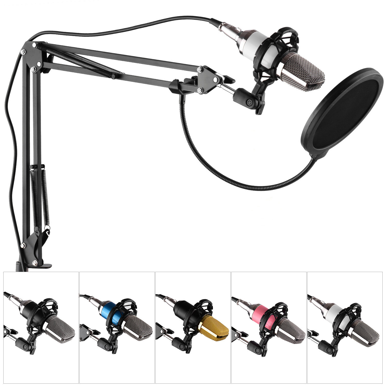Professional Broadcasting Studio Recording Condenser Microphone Kit with Mic Windscreen + Shock Mount + Adjustable Suspension Arm Stand + Mounting Clamp + Pop Filter + Audio Cable