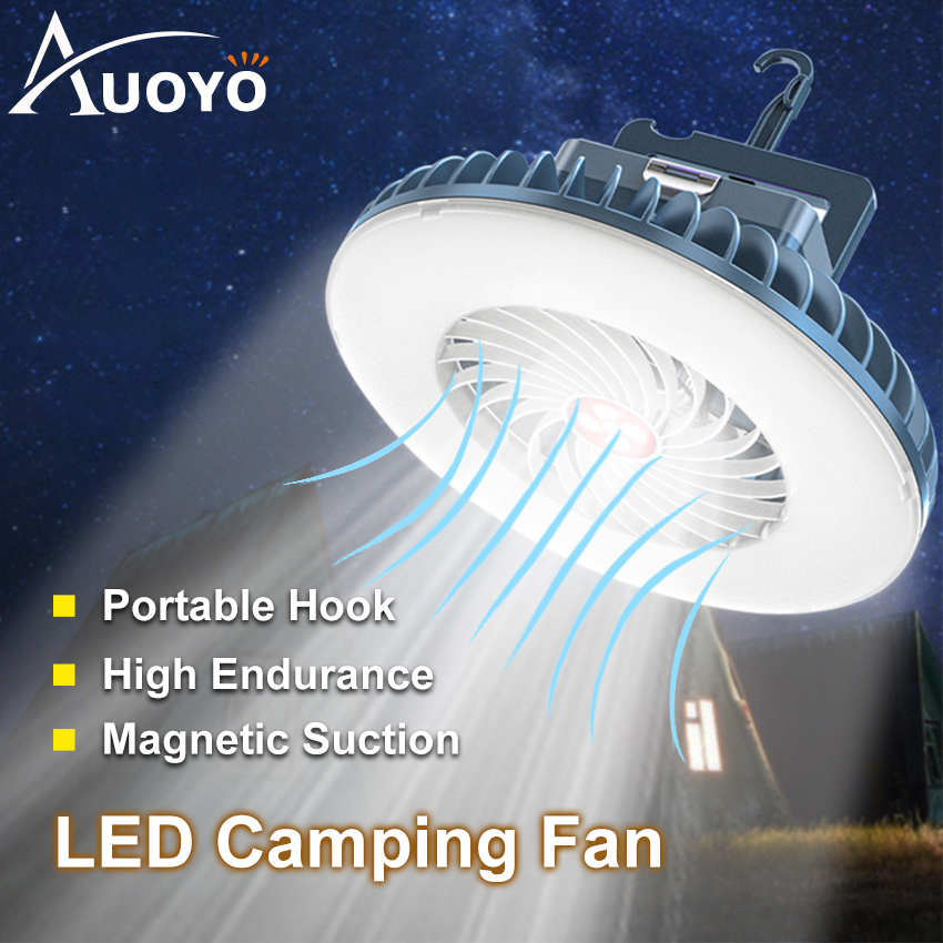 Auoyo Portable Camp Light Camping Lamp with Fan Outdoor Lighting Rechargeable Hanging Tent light Night light Magnetic Market Lamp Outdoor Portable Cooling Fan Light Lantern lamp