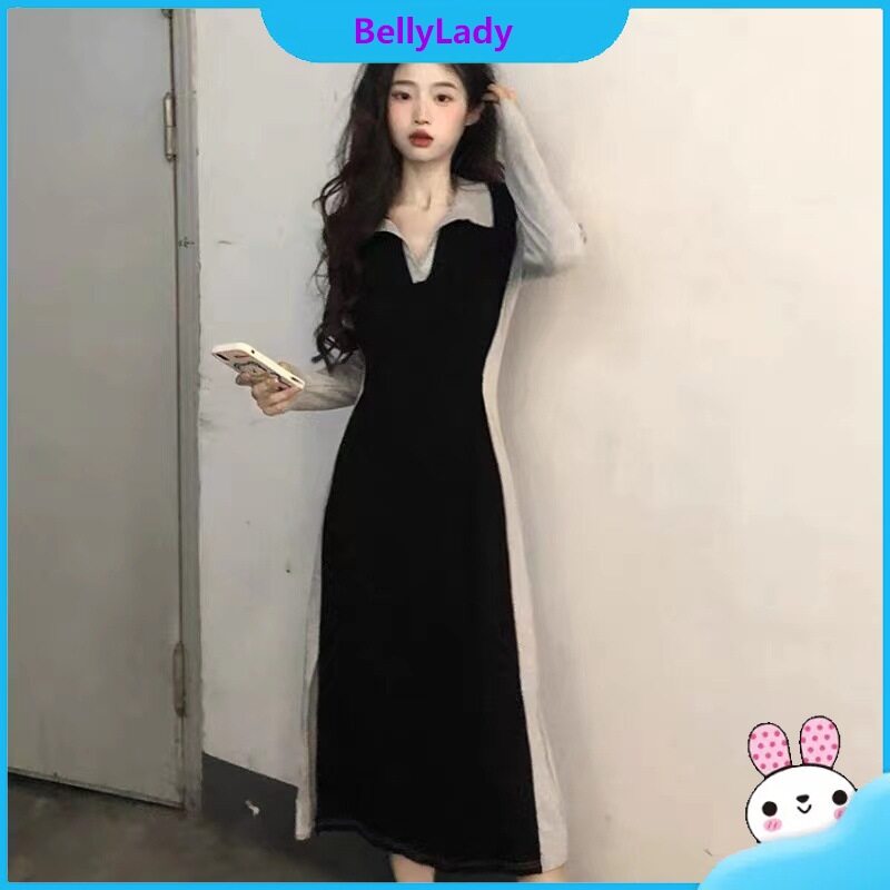 Women V Neck Dress Trendy Contrast Color Long Sleeves A-line Skirt Casual Elegant High Waist Slimming Dress