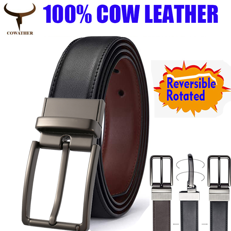 COWATHER Men Reversible 3.3cm Wide Casual Belts with Genuine Leather Classic Fashion Leather Belt for Men with Rotated Buckle / Leather One Belt Reversed for 2 Colors to Wear