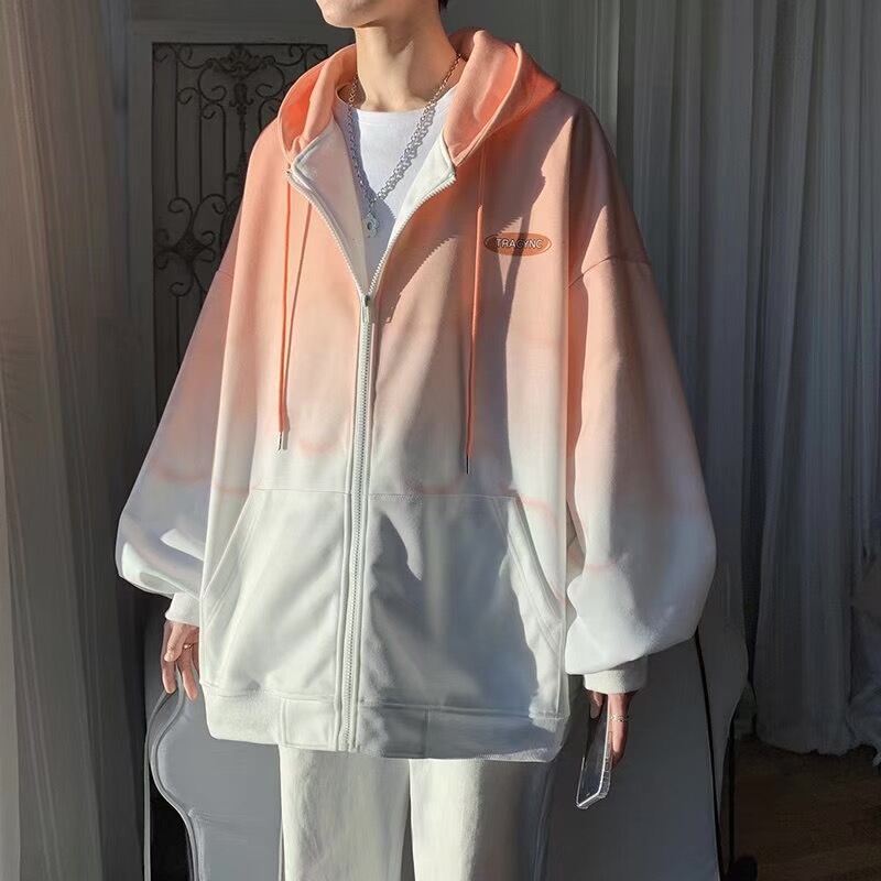 Hong Kong Style Gradient Cardigan Sweater Men's Spring and Autumn Trendy Ins Hooded Top Clothes 2021 New Loose Sports Jacket