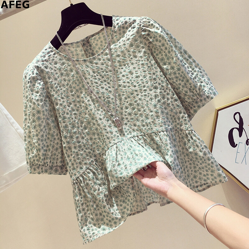 AFEG new Korean round neck fashion all-match polka dot short-sleeved blouse for women