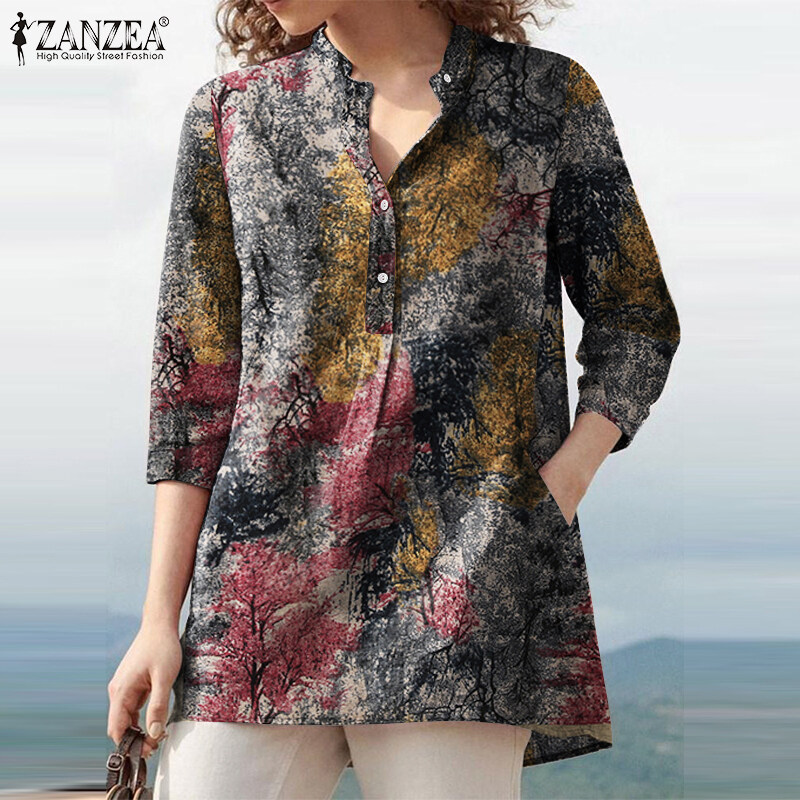 Rulfepy ZANZEA Womens 3/4 Sleeve V Neck Button Up Tops Vintage Floral Printed Shirts Blouse