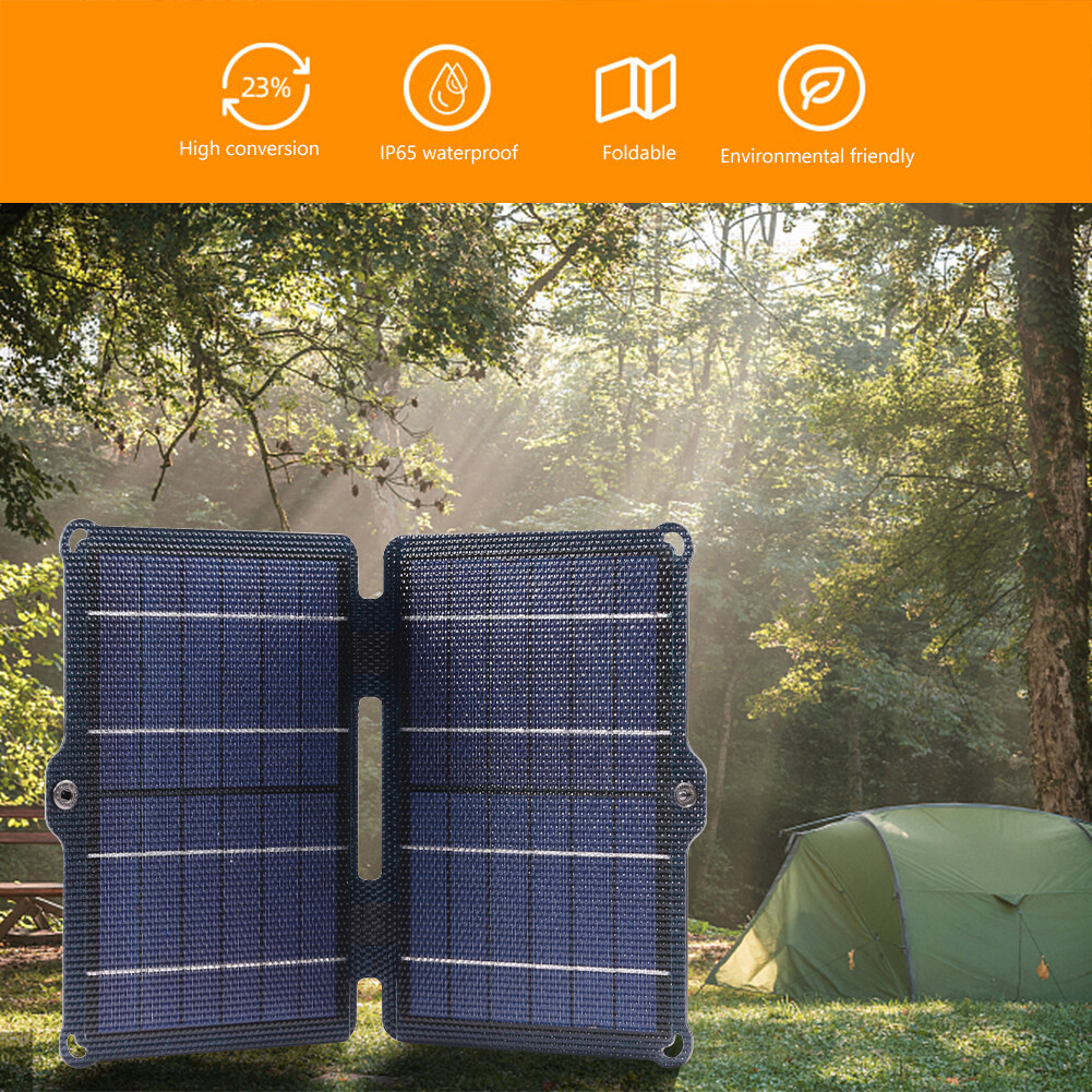 Sell Well【HOT 】10w 5V Foldable Solar Panel Dual USB Output Ports Waterproof Camping Solar Panel Pack with Carabiner Solar Battery Chargers Bi-fold for Mobile Phone