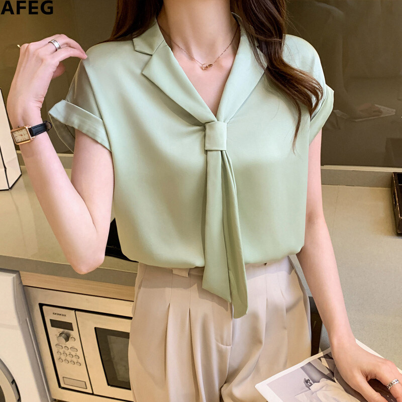 AFEG new Korean version of V-neck streamer fashion loose all-match chiffon short-sleeved blouse for women