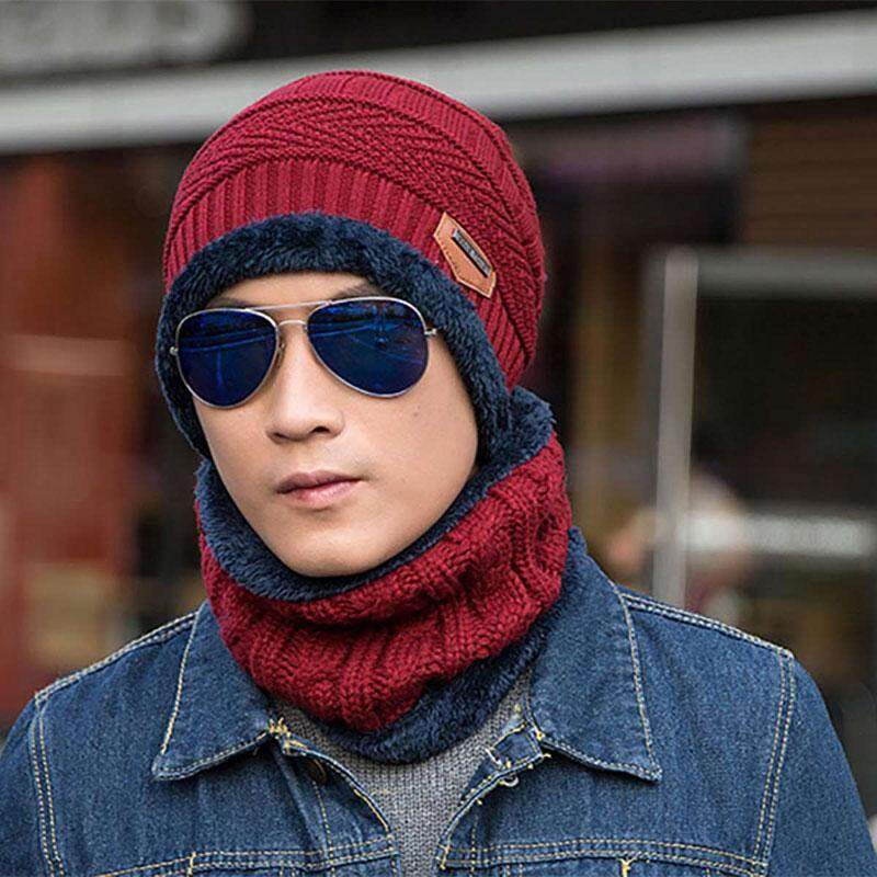 2 Pcs/set Knitted Hat Scarf Caps Neck Warmer Winter Hats For Men Women Skullies Beanies Warm Fleece Cap