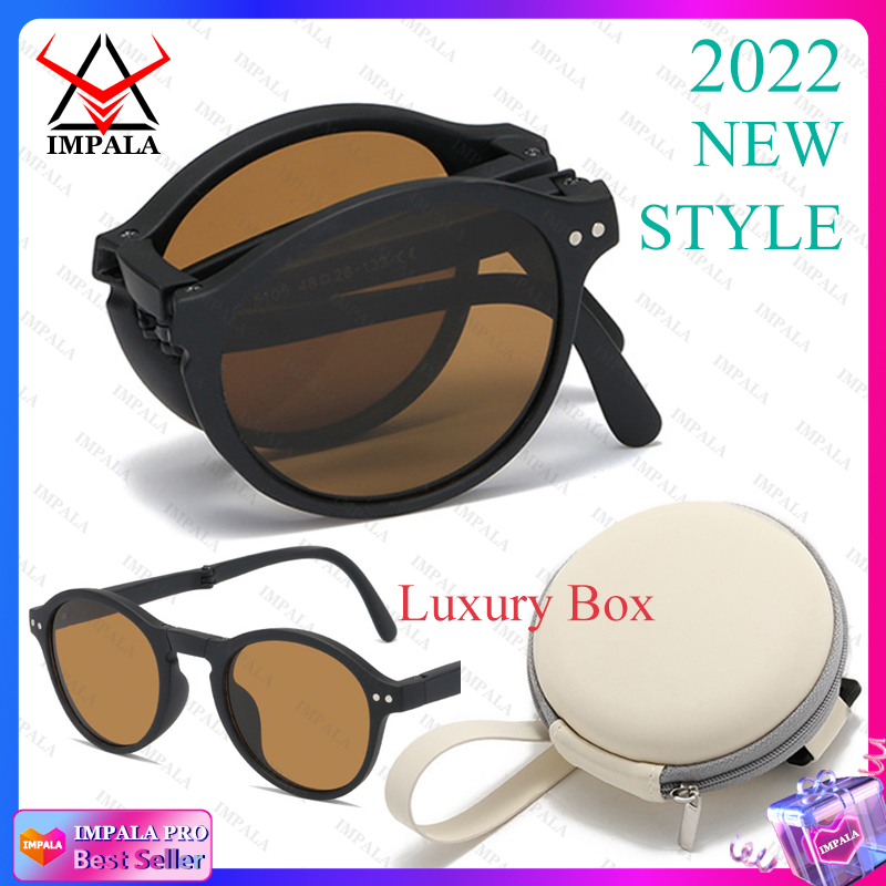 IMPALA QT2010Y Foldable Sunglasses with Luxury Round Case Anti UV Anti Glare Sunglasses for Women UV400 Protection Travel Sunglasses HD Lenses Exquisite Packaging