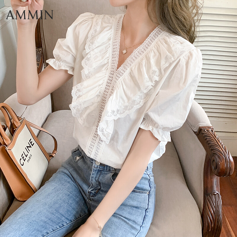 AMMIN Puff Sleeve Chiffon Lace Shirt For women Summer New Korean Style Loose V-neck Lace Top White Shirt Casual Blouse
