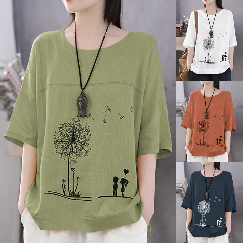 Rulfepy ZANZEA Women Oversize Short Sleeve Summer Tops Ladies Cartoon Cotton Shirts Blouses Tee