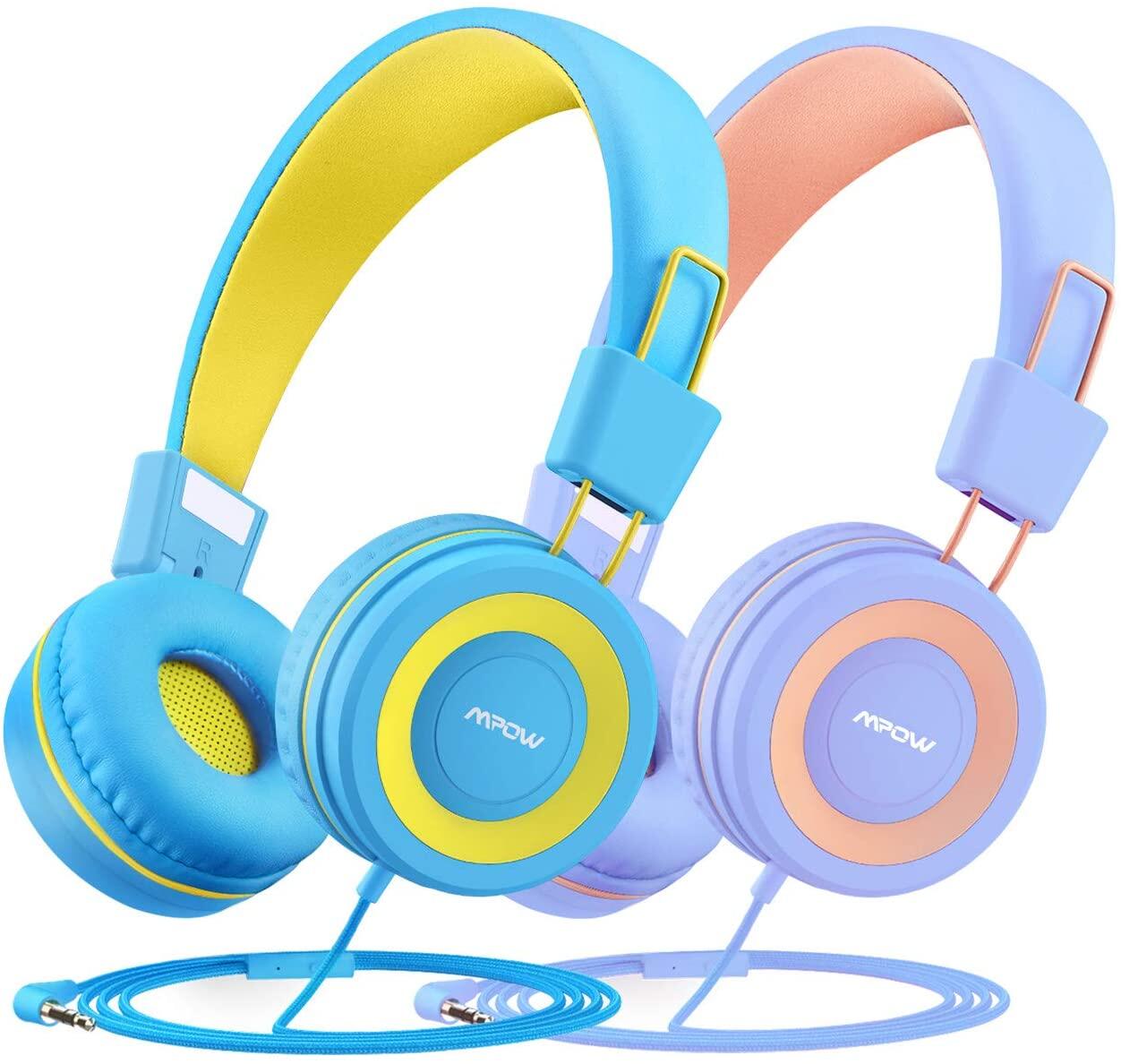 Mpow CH8 Kids Headphones with Microphone (2-Pack), Wired On-Ear Headsets with Safe Volume Limited 91dB, Foldable Durable Earphones w/Audio Splitter for Boys/Girls/Toddlers/Children/School/Travel/Plane