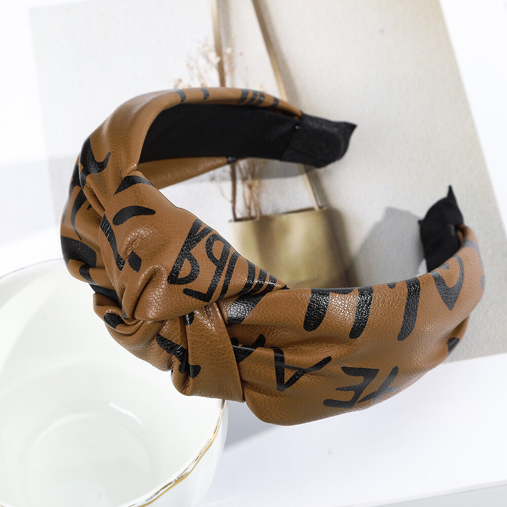 Korean Fashion Headband Women Leather Hair Band Letter Graffiti Wide-brimmed Hair Accessories