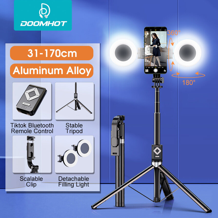 DoomHot Wireless Bluetooth Selfie Stick Tripod With Double Fill Light 1.7 M Long Phone Selfie Stand with Wireless Remote Extendable Selfie Stick 360° Rotation Aluminum Alloy Phone Stand Holder