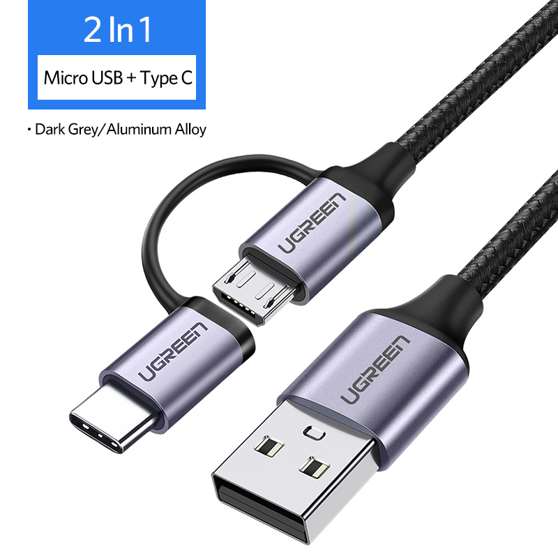 UGREEN 1 Meter 2 in 1 Micro USB Cable + Type C Cable 3A Fast Charging USB Cable for Samsung Galaxy s10+, Realme, OPPO R11, Vivo V11, Android USB C Cable for Xiaomi 5 -1m - intl