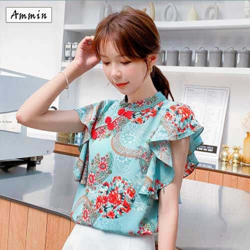 AMMIN summer new chiffon floral top female flying sleeves retro disc buckle ruffled shirt blouse