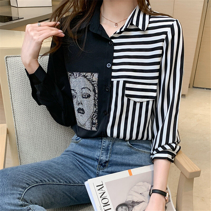 Stripe Shirt Women Long Sleeve Chiffon Blouse Korean Style Casual Fashion Top