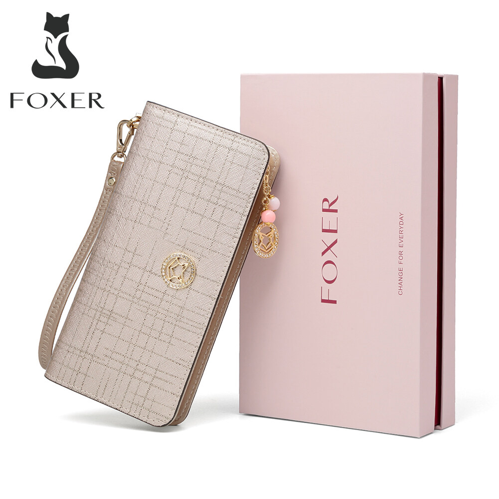 FOXER Brand Women Cow Leather Wallet Simple Coin Purses Fashion Zipper Long Wallets Female Clutch Bag Multifunction Card Holder