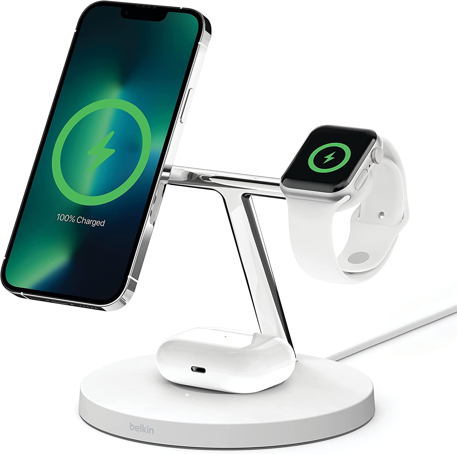 [SG] Belkin Boost Up Charge PRO 3-in-1 Wireless Charger with MAGnetic SAFE for iPhone 14, 13, 12 + Apple Watch + AirPods – Up to 15W Charging Station, White