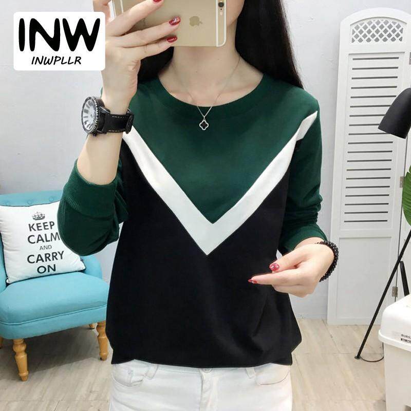 INWPLLR Korean Style Fashion Women T-shirts Autumn Patchwork Tshirts Casual Cotton Tshirts Female Tops Tees Plus Size Long Sleeve T-Shirt